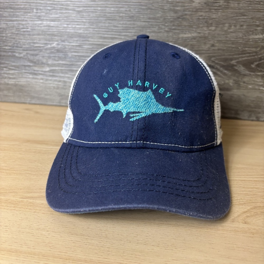Guy Harvey Hat Cap Snap Back Blue White Trucker Mesh Fishing Embroidered Mens
